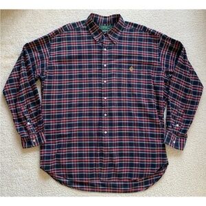 Lauren Ralph Lauren Crest Logo Plaid Button Up Shirt Mens XXL Red Navy Old Money